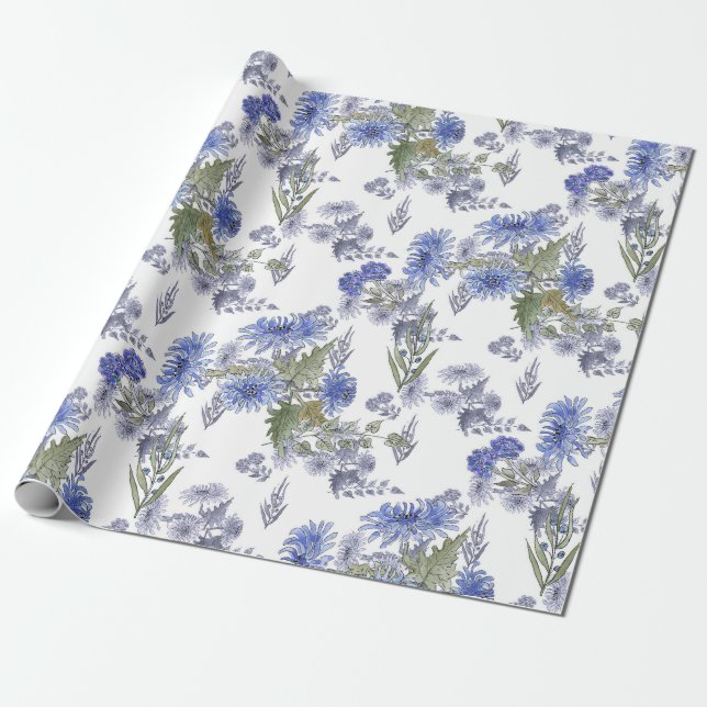 Papier Cadeau Chrysanthèmes bleus, aquarelle (Déroulé)
