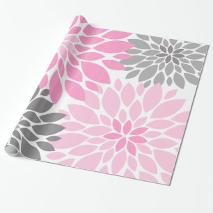 Papier Cadeau Chrysanthèmes roses et gris Motif floral