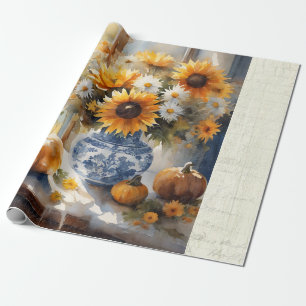 Papier Cadeau Chute Citrouille Tournesol Floral Bleu Blanc Décou