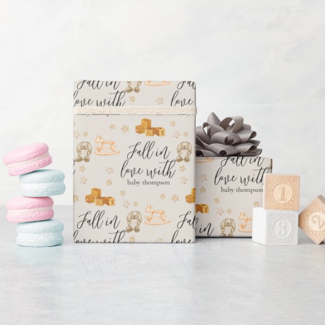 Papier Cadeau Chute en amour Baby shower neutre personnalisé (Baby Shower)