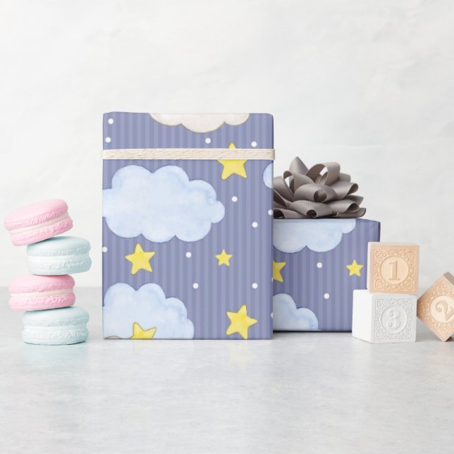 Papier Cadeau Ciel Bleu Étoilé Et Nuages (Baby Shower)