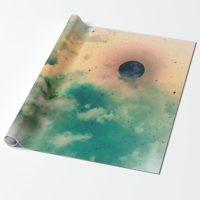 PAPIER CADEAU CIEL DE NUIT AVEC NUAGES ET ÉTOILES CADEAUX (Déroulé)