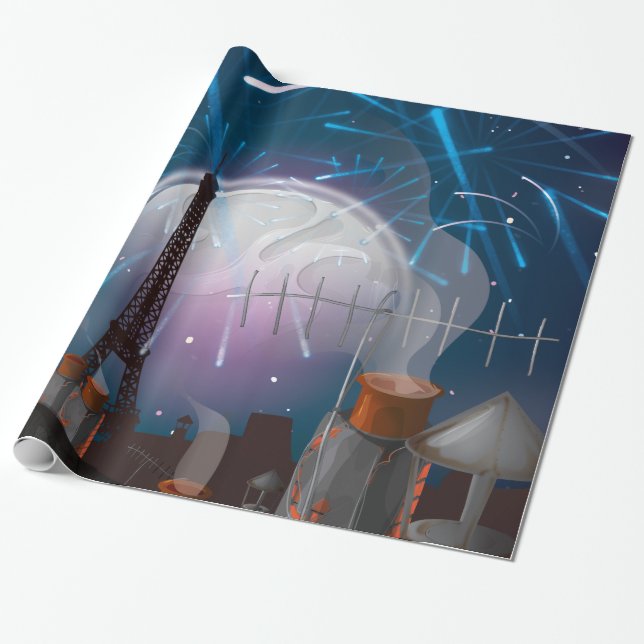 Papier Cadeau Ciel de Paris dessiné avec feux d'artifice (Déroulé)