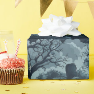 Papier Cadeau Cimetière d'Halloween Arbres Sombres Lune Fantôme