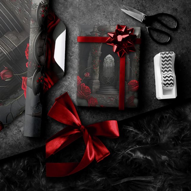 Papier Cadeau Cimetière gothique Gazebo avec des roses rouges la (Créateur téléchargé)