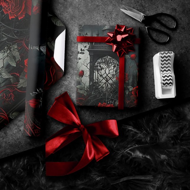 Papier Cadeau Cimetière gothique Jardin Rose avec Rouge et Noir (Créateur téléchargé)