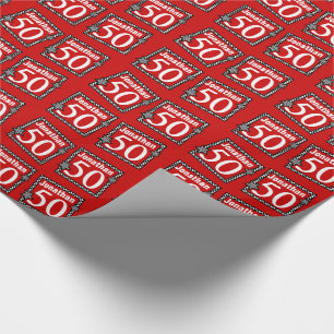 Papier Cadeau cinquantième Rouge d'anniversaire avec les étoil