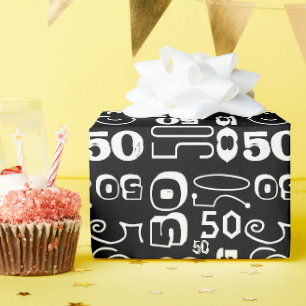 Papier Cadeau cinquantième Typographique noir d'anniversaire