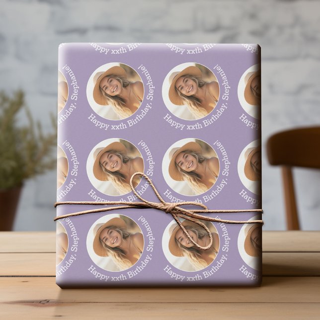 Papier Cadeau Circle One Photo avec voeux d'anniversaire - Lilac (Custom Birthday Wrapping Paper with Photo)