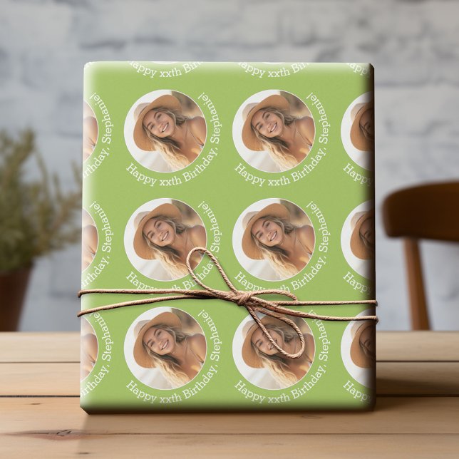 Papier Cadeau Circle One photo avec voeux d'anniversaire - Vert (Custom Birthday Wrapping Paper with Photo)