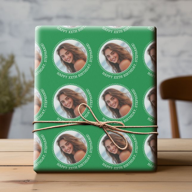 Papier Cadeau Circle One photo avec voeux d'anniversaire - Vert (Custom Birthday Wrapping Paper with Photo)