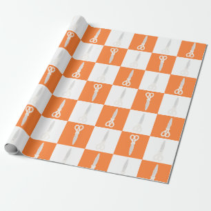 Papier Cadeau Ciseaux Rétro Motif Carreaux Orange