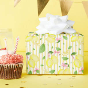 Papier Cadeau Citron Coquette Rubans Roses Et Rayures Jaunes