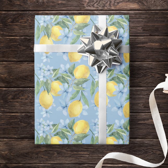 Papier Cadeau Citron et fleurs à l'aquarelle bleue (Lemon and Blue Floral Watercolor Wrapping Paper. Great for a main squeeze party or lemon baby shower)