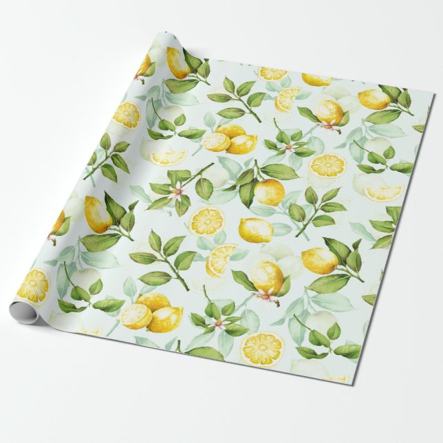 Papier Cadeau Citron Motif de fruits d'été tropicaux à la menthe (Déroulé)