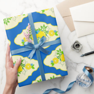 Papier Cadeau Citrons bleus et jaunes d'été motifs floraux