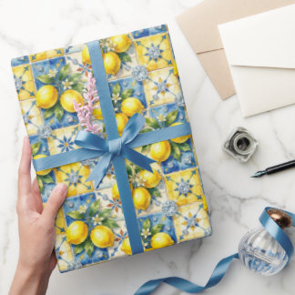Papier Cadeau Citrons d'Amalfi, Diamants et carreaux méditerrané