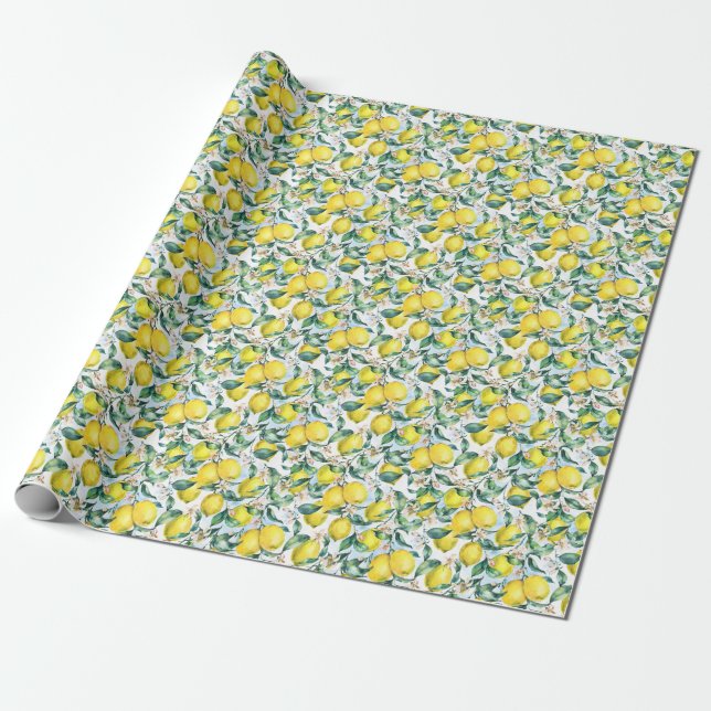 Papier Cadeau citrons d'aquarelle, branche d'agrumes frais. (Déroulé)