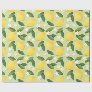 Papier Cadeau Citrons et fleurs blanches sur Arrière - plan vert