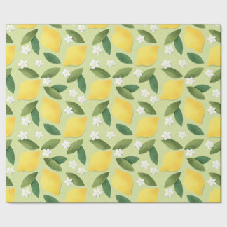 Papier Cadeau Citrons et fleurs blanches sur Arrière - plan vert