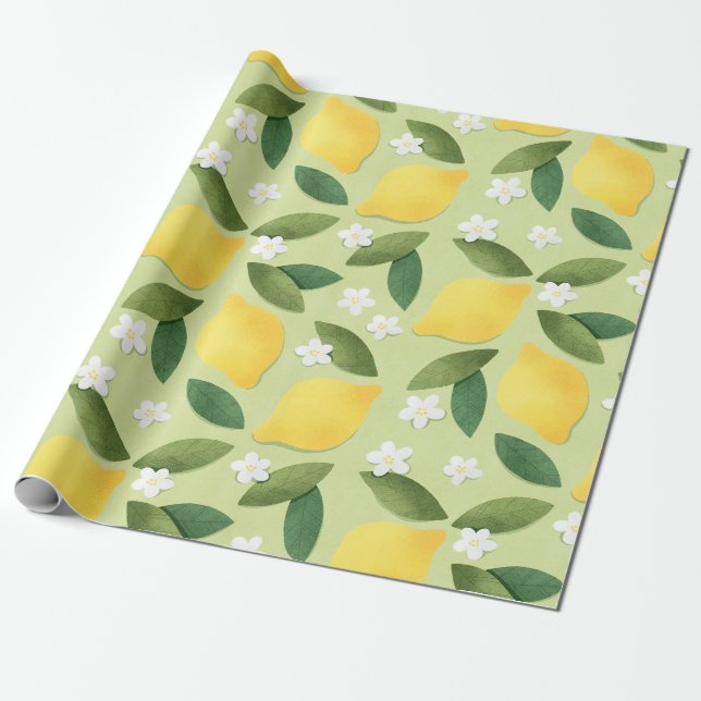 Papier Cadeau Citrons et fleurs blanches sur Arrière - plan vert (Déroulé)