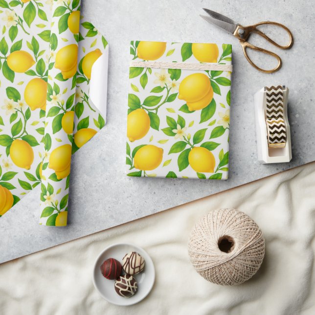 Papier Cadeau Citrons et fleurs d'aquarelle - Citrus frais (Artisanat)