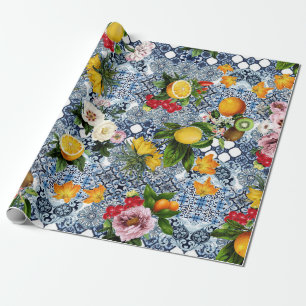 Papier Cadeau Citrons et fleurs siciliens Carrelage vintage moti