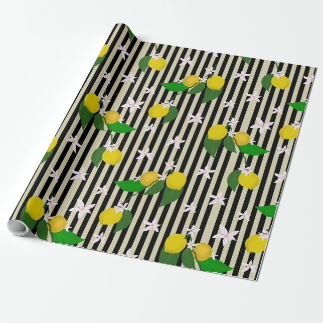 Papier Cadeau Citrons et fleurs sur bandes (Déroulé)
