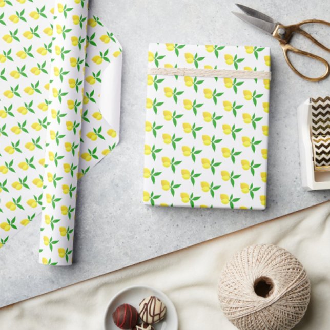 Papier Cadeau Citrons jaunes feuilles vertes fond blanc (Springtime fresh!)