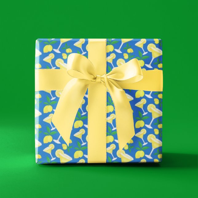 Papier Cadeau Citrons jaunes Retro Preppy Légons Légons Bleu (For the lemon drop lover in your life!)