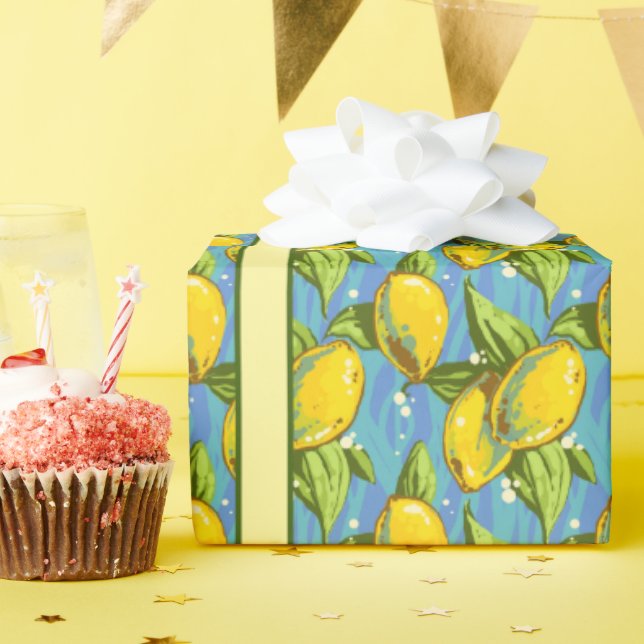 Papier Cadeau Citrons sur fond bleu (Fête d'anniversaire)