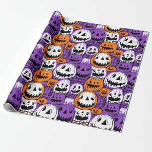 Papier Cadeau Citrouille de Halloween - Violet, Orange, Blanc