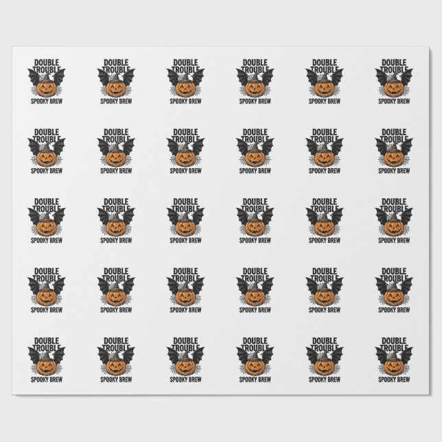 Papier Cadeau Citrouille d'Halloween Sorcière Double Trouble Vin (Plat)