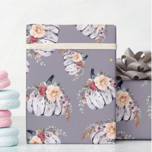 Papier Cadeau Citrouille floral violet gris aquarelle motif
