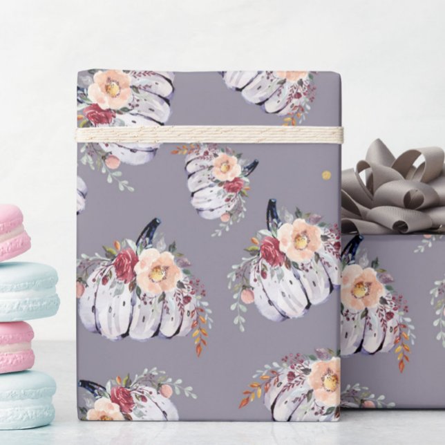 Papier Cadeau Citrouille floral violet gris aquarelle motif (Créateur téléchargé)