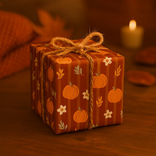 Papier Cadeau Citrouille Mignonne & Feuilles Rayure Automnale Sa