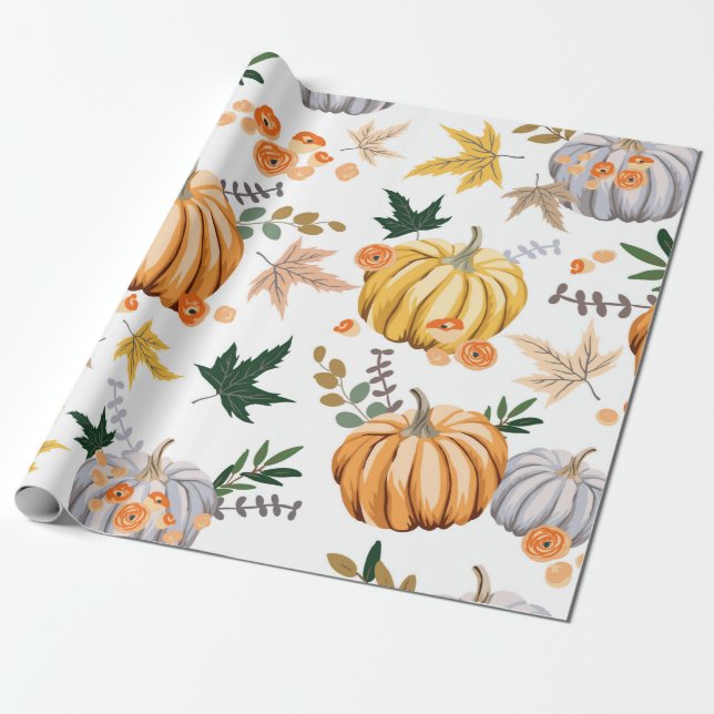 Papier Cadeau Citrouille orange d'automne et fleurs motif (Déroulé)