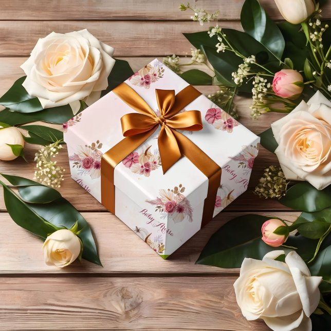 Papier Cadeau Citrouille rose automne Pampas Baby shower fille e (Créateur téléchargé)