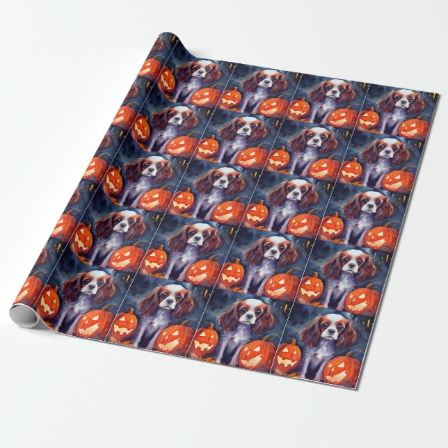 Papier Cadeau Citrouilles Cavalier King Charles Spaniel Hallowee (Déroulé)