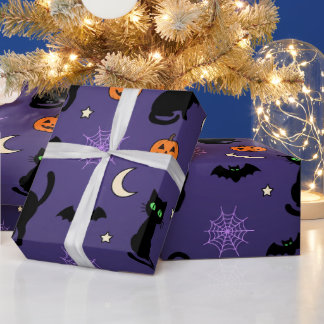 Papier Cadeau Citrouilles Chauves-Souris Chats Noirs Halloween V
