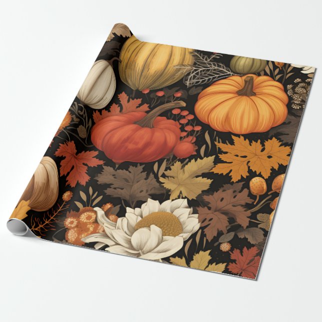 Papier Cadeau Citrouilles de récolte et feuilles d'automne (Déroulé)