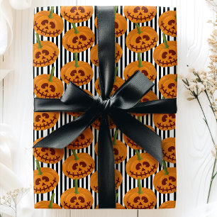 Papier Cadeau Citrouilles d'Halloween Rayures Jack O'Lanterns Mo