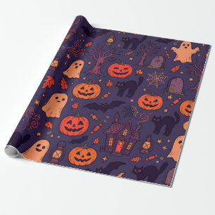 Papier Cadeau Citrouilles d'Halloween vintage, fantômes et chats