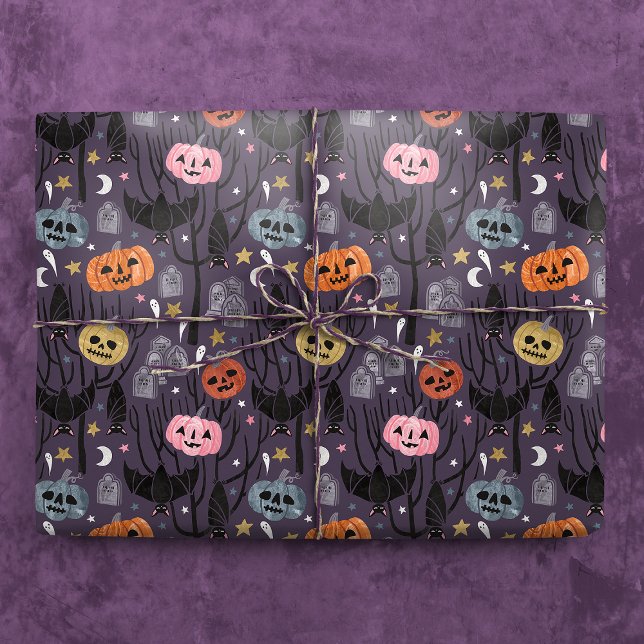 Papier Cadeau Citrouilles éffrayants d'Halloween, chauves-souris (Gift Mockup)