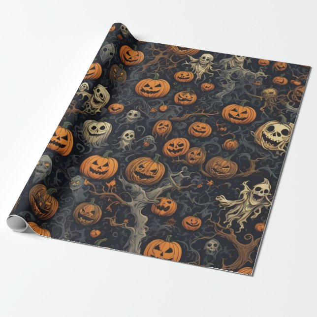 Papier Cadeau Citrouilles éffrayants et fantômes (Déroulé)