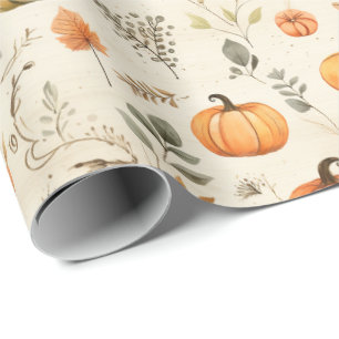 Papier Cadeau Citrouilles et Brindilles de Feuilles d'Automne à