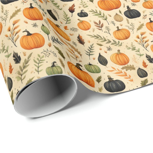 Papier Cadeau Citrouilles et feuilles rustiques d'automne dans u (Coin rond)