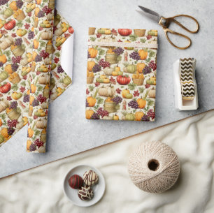 Papier Cadeau Citrouilles et raisins de récolte d'automne Motif