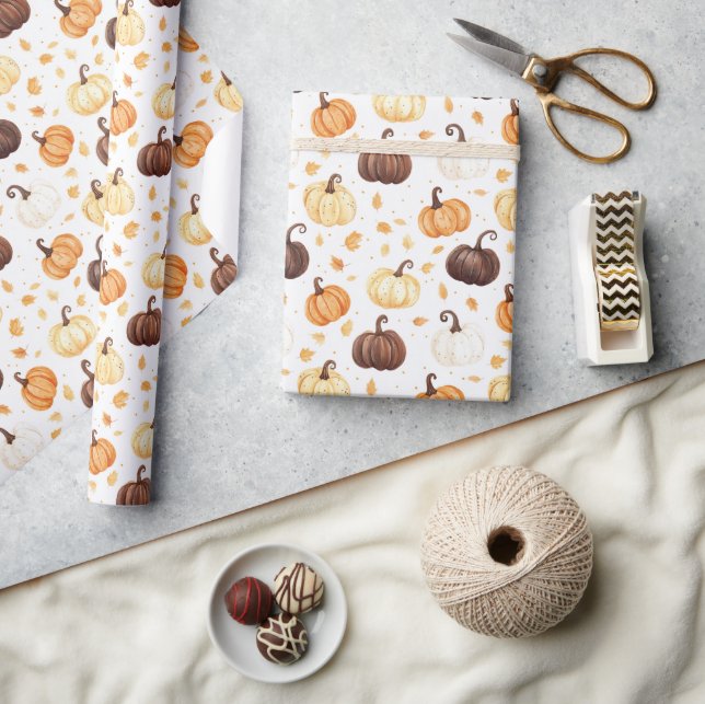 Papier Cadeau Citrouilles Feuilles Crème Orange Marron (Artisanat)