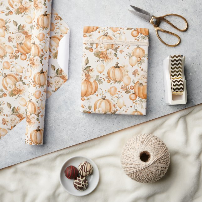 Papier Cadeau Citrouilles Fleurs Crème Orange (Artisanat)